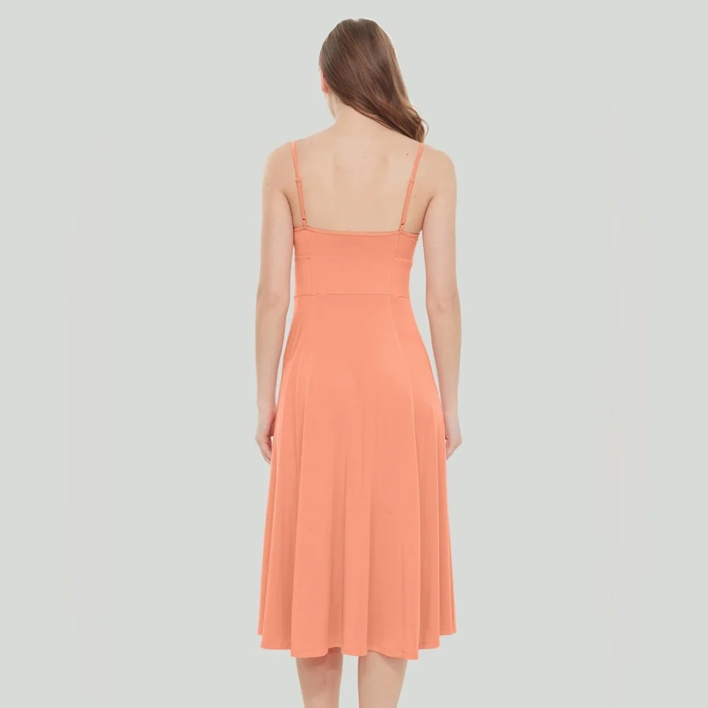 DEX Structured Bodice Coral Peach Pink Spaghetti Straps Knit Midi Dress - Picture 2 of 3